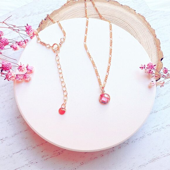 New Dainty Mini Pink Cubic Zirconia on 14k Yellow Gold Filled Chain Necklace - Picture 2 of 6